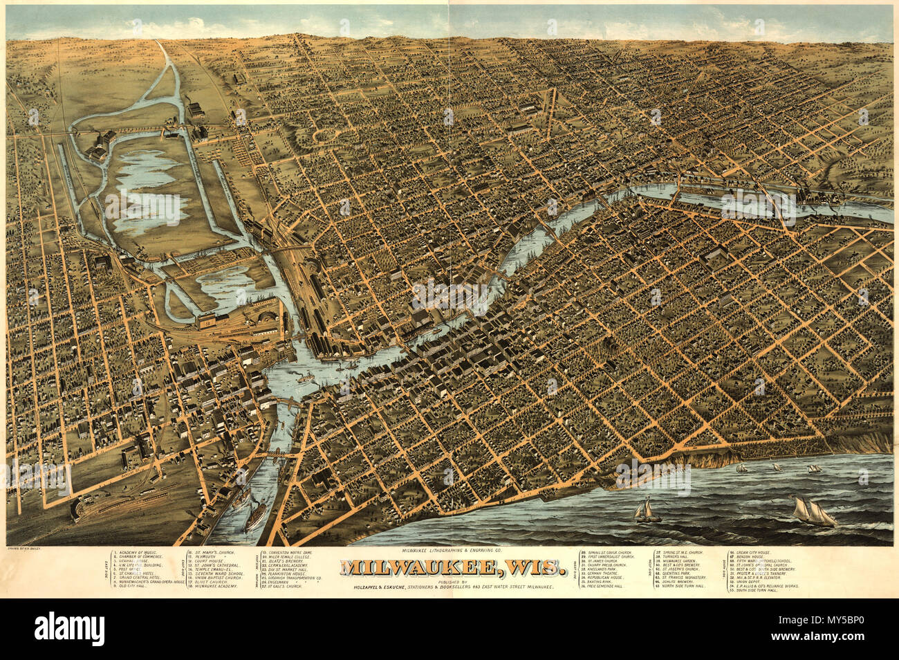 . Anglais : une vue à vol d'oiseau de Milwaukee (Wisconsin) en 1872. Carte de vue ; pas à l'échelle. . (1872) 364 du Milwaukee carte de vue générale par Bailey (1872). loc call no G4124M-H010450 Banque D'Images