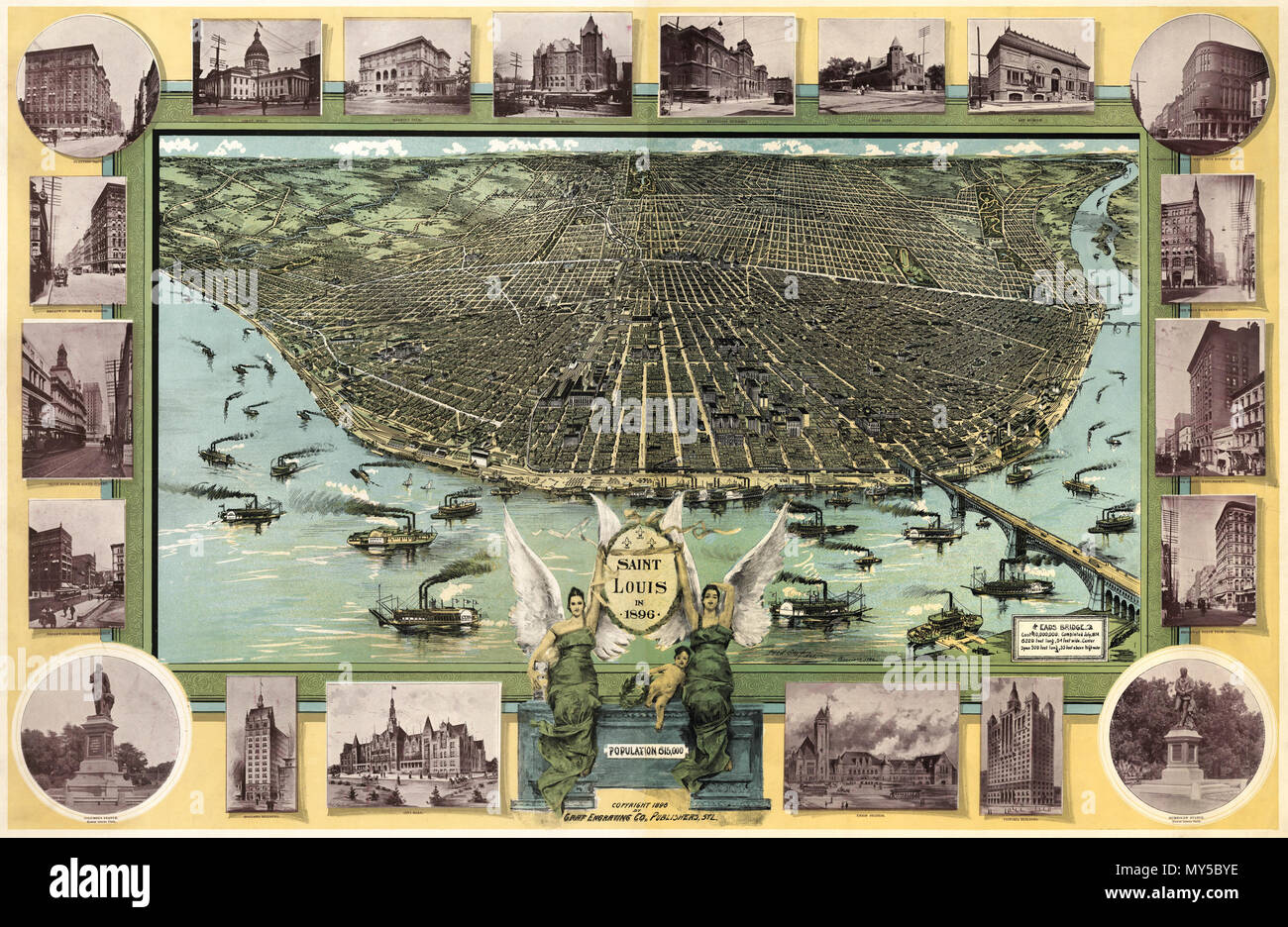 . Anglais : une vue à vol d'oiseau de St Louis, Missouri, c.1896. Carte de vue ; pas à l'échelle. . 1896 499 St Louis Carte de Vue Générale 1896 Banque D'Images