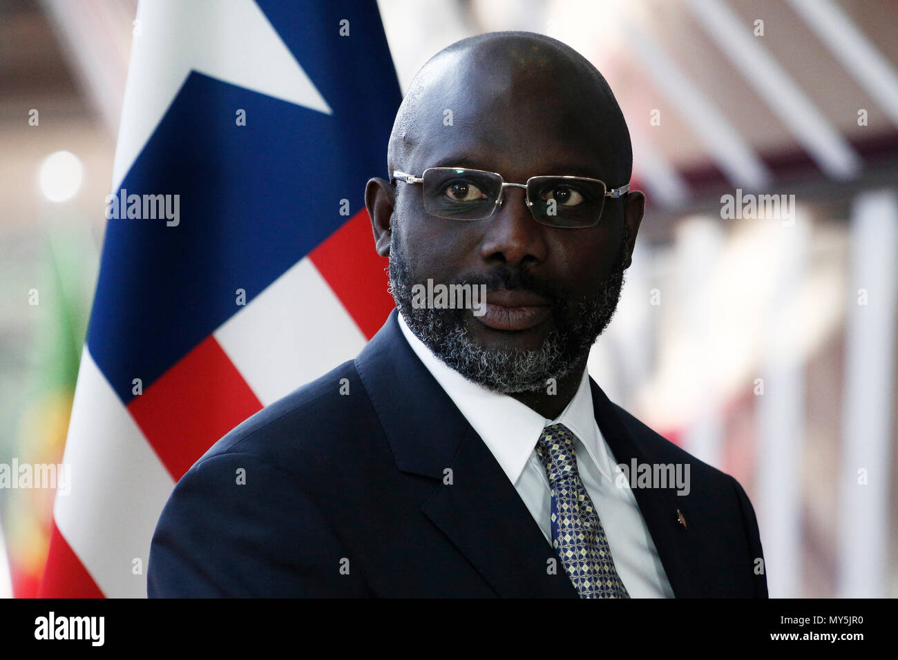 Bruxelles, Belgique. 6 juin, 2018. Donald Tusk, le président du Conseil européen se félicite que le Président libérien George Weah au siège du Conseil européen. Alexandros Michailidis /Alamy Live News Banque D'Images