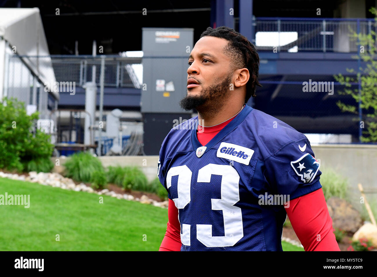 Foxborough, Massachusetts, USA. 6 juin, 2018. New England Patriots coffre Patrick Chung (23) chefs d'une séance d'entraînement à l'équipe mini camp organisé sur le champs de pratique au stade Gillette, à Foxborough, Massachusetts. Eric Canha/CSM/Alamy Live News Banque D'Images