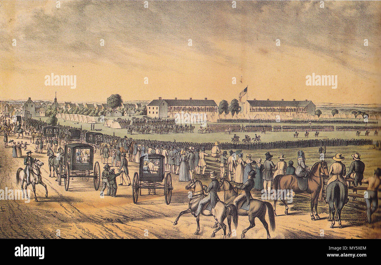 . Anglais : Gen George H Steuart reviews les troupes au Camp Frederick. (Semble être sur Market St en direction du nord, vers l'ancienne caserne de Hesse) . milieu du 19ème siècle. lithographie, artiste inconnu, milieu du 19e siècle 95 juin Frederick Camp6 10 1843 Banque D'Images
