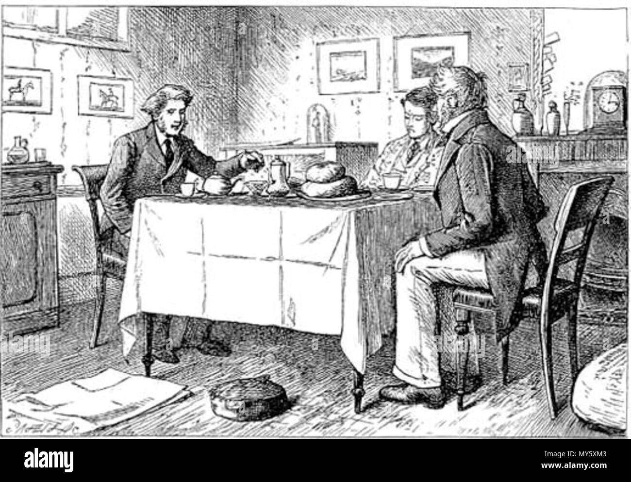 . Anglais : De grandes attentes, Joe Gargery à la visite désastreuse du pip à Londres, par F. A. Fraser, 1877. Français : Les Grandes espérances, la désastreuse visite de Joe Gargery chez Pip à Londres, par F. A. Fraser <. 6 mars 2004. F. A. Fraser 142 prenez-vous du thé ou café, Mr Gargery , par F. A. Fraser, c. 1877 Banque D'Images