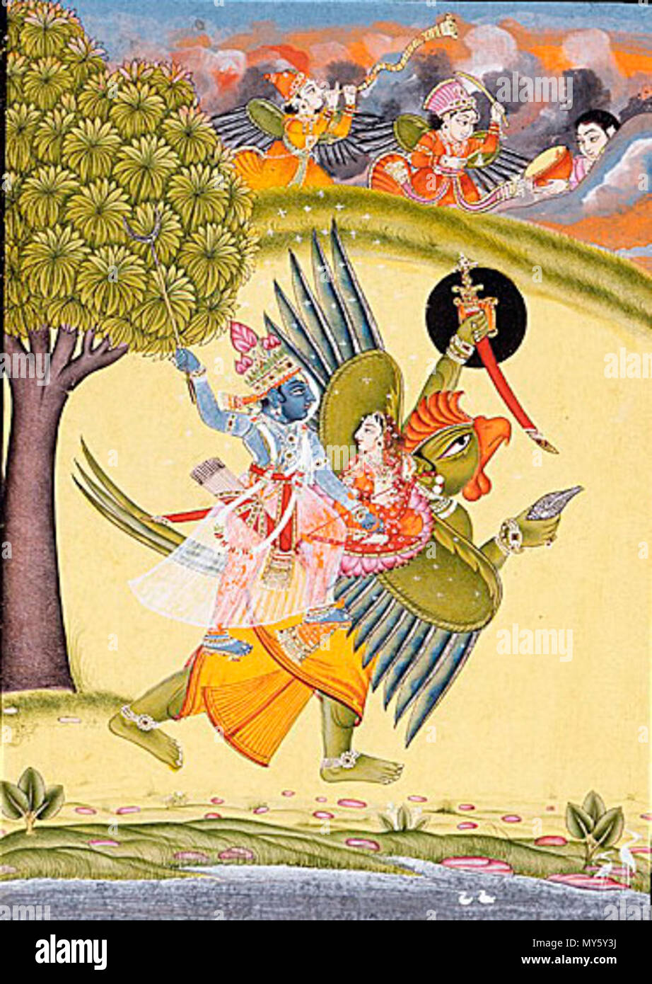 . Anglais : Narayana (Vishnu) équitation sur Garuda avec Shri Lakshmi peinture aquarelle, aquarelle opaque, d'or et d'argent sur papier, feuille 10 x 8 3/8 in. (26,35 x 20,32 cm) ; Image : 8 3/8 x 5 7/8 in. (21,27 x 14,92 cm) Norsk nynorsk : Visjnu Laksjmi og rir på Garuda. . Vers 1730 203 Laxmi Vishnu Garuda Banque D'Images