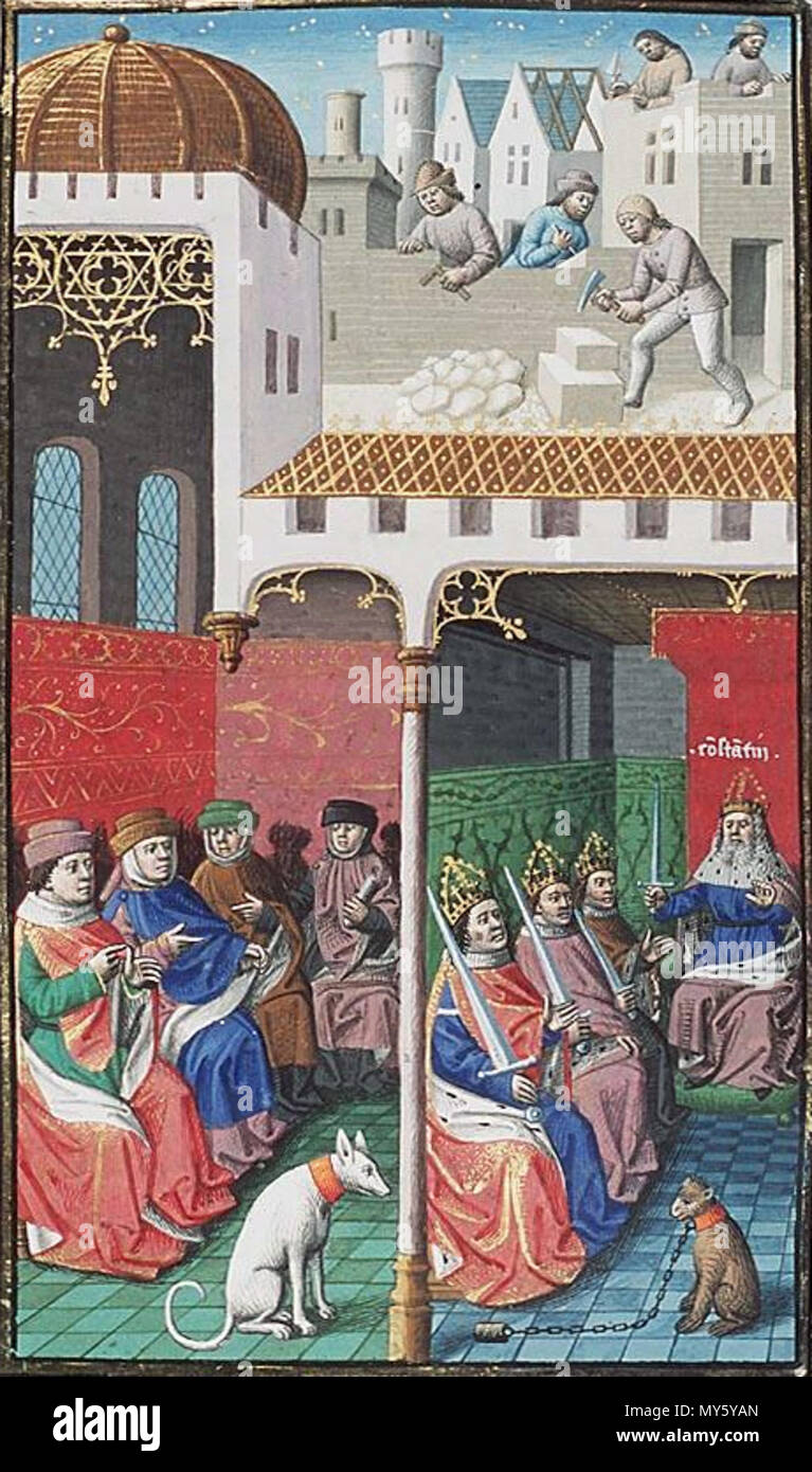 . Anglais : Constantine avec ses trois fils parmi lesquels il a divisé son empire ; sénateurs ; le bâtiment de Constantinople (arrière-plan) Contenu : Augustin, La Cité de Dieu (Vol. I). Traduction du latin par Raoul de Presles le lieu d'origine, date : Paris, Maïtre François (illuminateur) ; c. 1475 ; 1478-1480 Matériel : papier vélin, 467 ff., 440x300 (270x185 mm), 46 lignes, littera hybrida, Reliure : 18e siècle cuir marron (ch. 1769) Décoration : 11 miniatures sur deux colonnes (257/204x190/177 mm) ; colonne 277 miniatures (ch. 120x80 mm) ; 11 illustrations dans la marge (armoiries) ; initiales décorées avec bord Banque D'Images