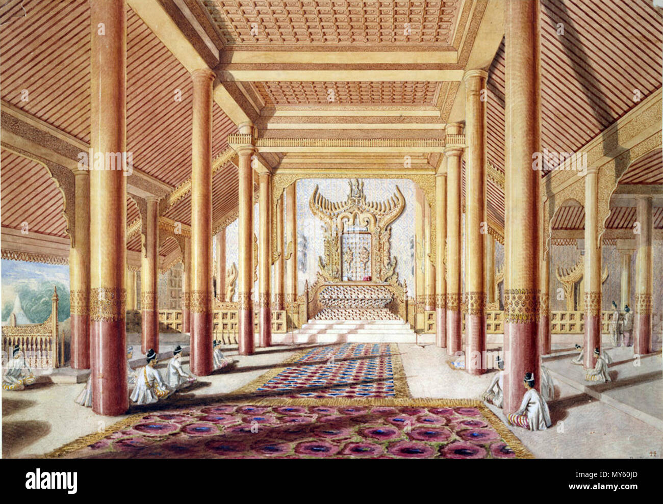 . Anglais : Aquarelle avec plume et encre d'une vue de l'intérieur de la salle d'audience dans le palais à Amarapura en regardant vers le trône de 'une série de vues dans Burmah prises pendant la mission de Phayre majeure à la Cour d'Ava en 1855 Colesworthy' par subvention. Cet album se compose de 106 portraits paysages et des Birmans et les Européens la documentation de l'ambassade britannique pour les Birmans, le roi Mindon Min (r.1853-1878). La mission a eu lieu après la Deuxième Guerre Anglo-birmane en 1852 et l'annexion par les Britanniques de la province de Pégou (Bago). Il a été envoyé par le gouverneur général de Banque D'Images