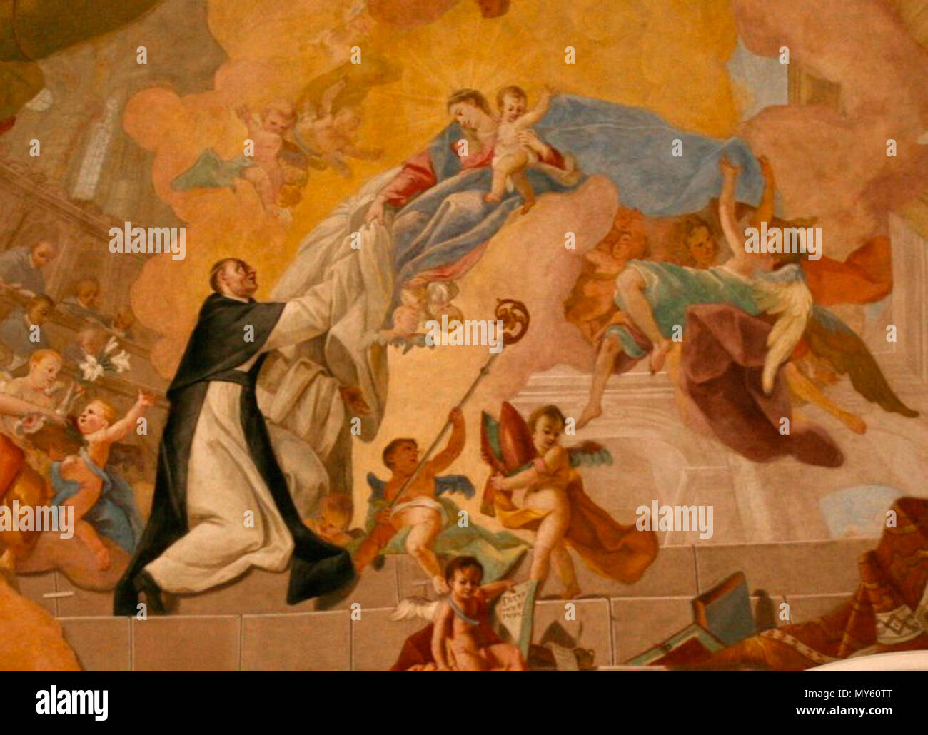. Anglais : La Vierge Marie mains St. Alberich (Robert) pas de Cîteaux l'habit cistercien. Cet événement, connu sous le nom de l'Descensio BMV dans Cistercium, se trouve dans le calendrier liturgique cistercienne le 26 août 2008 5ème. Polski : św. Alberyk z Cîteaux (nie) przyjmuje rąk Robert z habitude NMP (szkaplerz cystersów biały ?). Wydarzenie à znane, jako Descensio BMV dans wspominano Cistercium 5 sierpnia. à partir de 1732 jusqu'en 1752. Photographie d'une peinture 28 Alberic reçoit l'habitude Banque D'Images