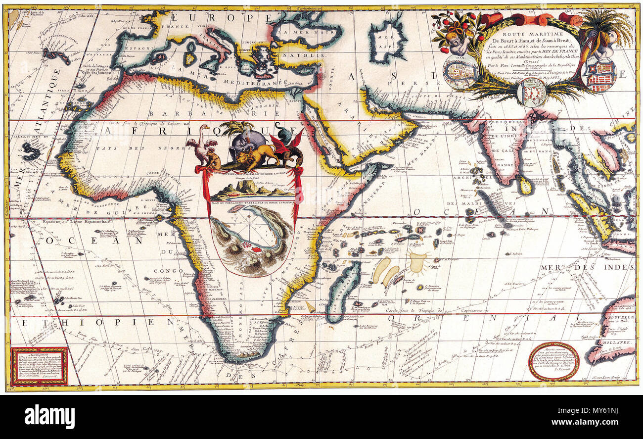 . Français : Carte retraçant le voyage au départ de Brest des ambassadeurs du roi de France Louis XIV envoyés au royaume de Siam en 1685 et 1686. Cartouche en haut à droite : ROUTE MARITIME De Brest à Siam, et de Siam à Brest faite en en 1865, et 1866, selon les remarques des six Peres Iesuites, enuoïez par le ROY DE FRANCE en qualité de ses Mathematiciens dans les Indes, et la Chine. Dressé par le Pere Coronelli Cosmographe de la République de Venise. a Paris Chez I.B.Nolin Rue S. Iacques a l'enseigne de la Place des Victoires Avec priuileges du Roy 1687. . 1687. Vincenzo Coronelli 463 Route de Bres Banque D'Images