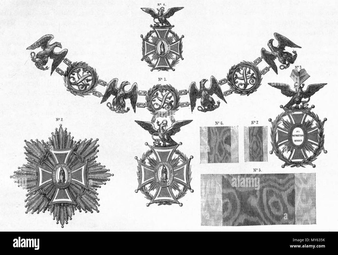 . Español : Litografía de las des insignes de la Orden Imperial de Guadalupe de Mexico, j'Agustín Emperador Constitucional. 1 novembre 2010. Vicente Riva Palacio, Julio Zarate (1880) 258 insignes de la Orden Imperial de Guadalupe Banque D'Images