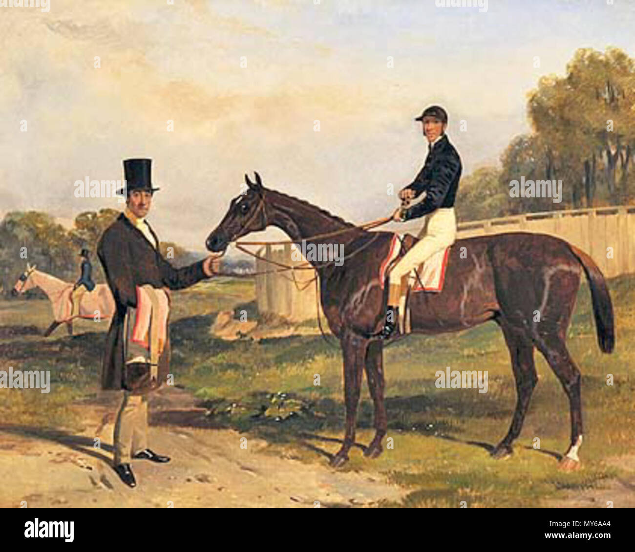 . Anglais : 1852 gagnant du derby d'Epsom Daniel O'Rourke, avec John Bowes et jockey Frank Butler. Peinture de Harry Hall (1814-1882) . 16 août 2011. Harry Hall (1814-1882) 131 Daniel O'Rourke 1 Banque D'Images