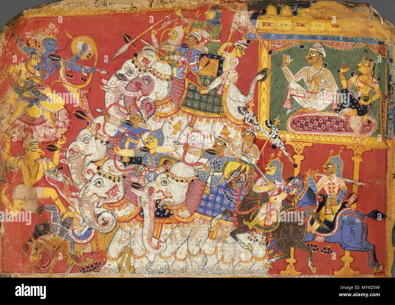 . Les armées de batailles Krishna le démon Naraka : page à partir de la dispersion Bhagavata Purana (histoires anciennes du seigneur Vishnu) Le Bhagavata Purana décrit les avatars de Vishnu (manifestations), Krishna étant le plus important. Le démon Naraka et son épouse sont indiqués (en haut à droite) assis dans la ville fortifiée d'Pragyotisha. Krishna et son épouse Satyabhama sont indiquées en haut à gauche à cheval sur l'oiseau solaire Garuda (mont de Vishnu), "comme un nuage au-dessus de l'assise de la foudre avec soleil." L'organisation hiérarchique de ce tableau juxtapose Krishna et Naraka, tandis que la poussée des éléphants Banque D'Images