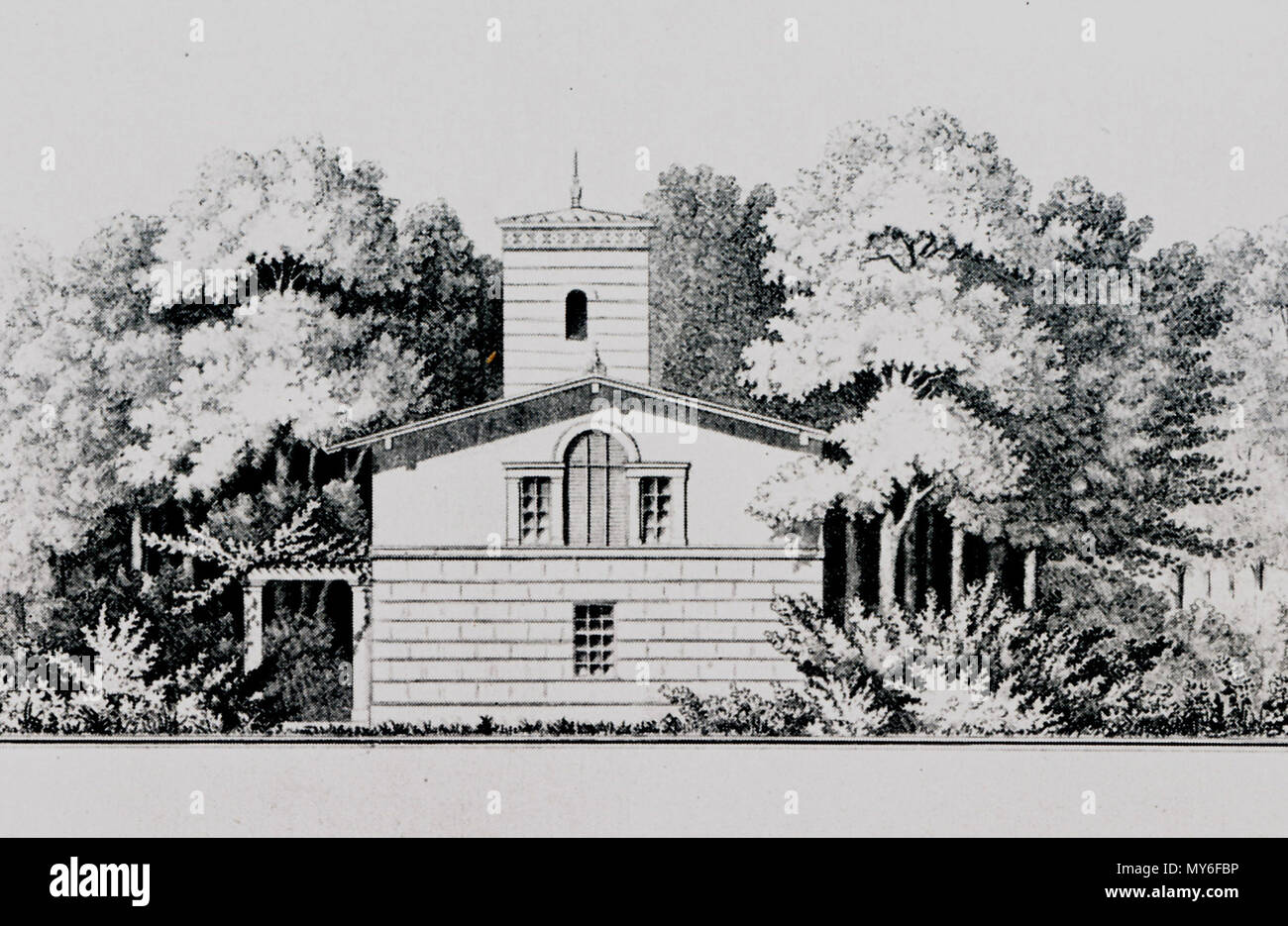 . Deutsch : Matrosenhaus Klein-Glienicke Das im Park, Mischtechnik von Ludwig Persius, um 1840 . 1 octobre 2012, 14:41:44. Ludwig Persius, Persiuszeichnung Matrosenhaus 298 Klein-Glienicke1 Banque D'Images