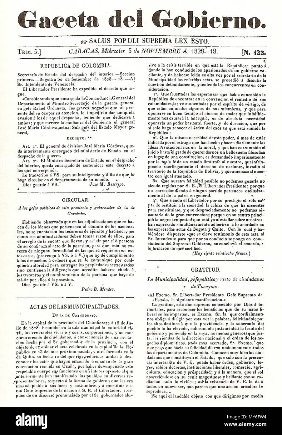 . Español : Prensa Venezolana del siglo XIX : Gaceta del Gobierno 1832 . 1832. Gaceta del Gobierno inconnu 201 1832 000 Banque D'Images