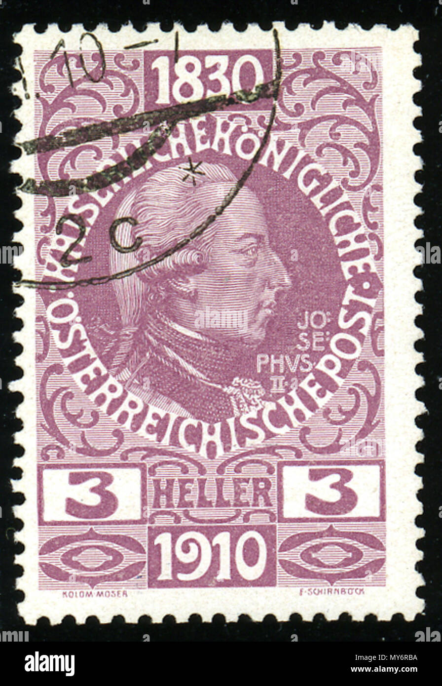. Anglais : Austrian KK 3 heller stamp, numéro 1910, portrait de l'empereur Joseph II. 16 février 2013, 15:12:12. design : Koloman Moser (1868-1918) Noms alternatifs Kolo Moser autrichien Description peintre, designer, architecte et concepteur de timbres-poste Date de naissance/décès 30 Mars 1868 19 octobre 1918 Lieu de naissance/décès Vienne Vienne Vienne lieu de travail contrôle d'autorité : Q45055 VIAF : 37018321 ISNI : 0000 0001 2100 6848 ULAN : 500030689 RCAC : n82047170 35692558 NLA : gravure WorldCat : Ferdinand Schirnböck (1859-1930) 56 Autriche 1910question JosephII Banque D'Images