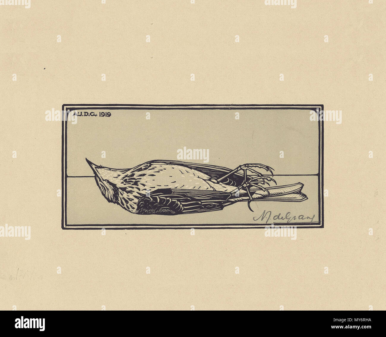 . Dood vogeltje (houtsnede) . 1917. Julie de Graag (1877-1924) 554 Vogeltje Banque D'Images