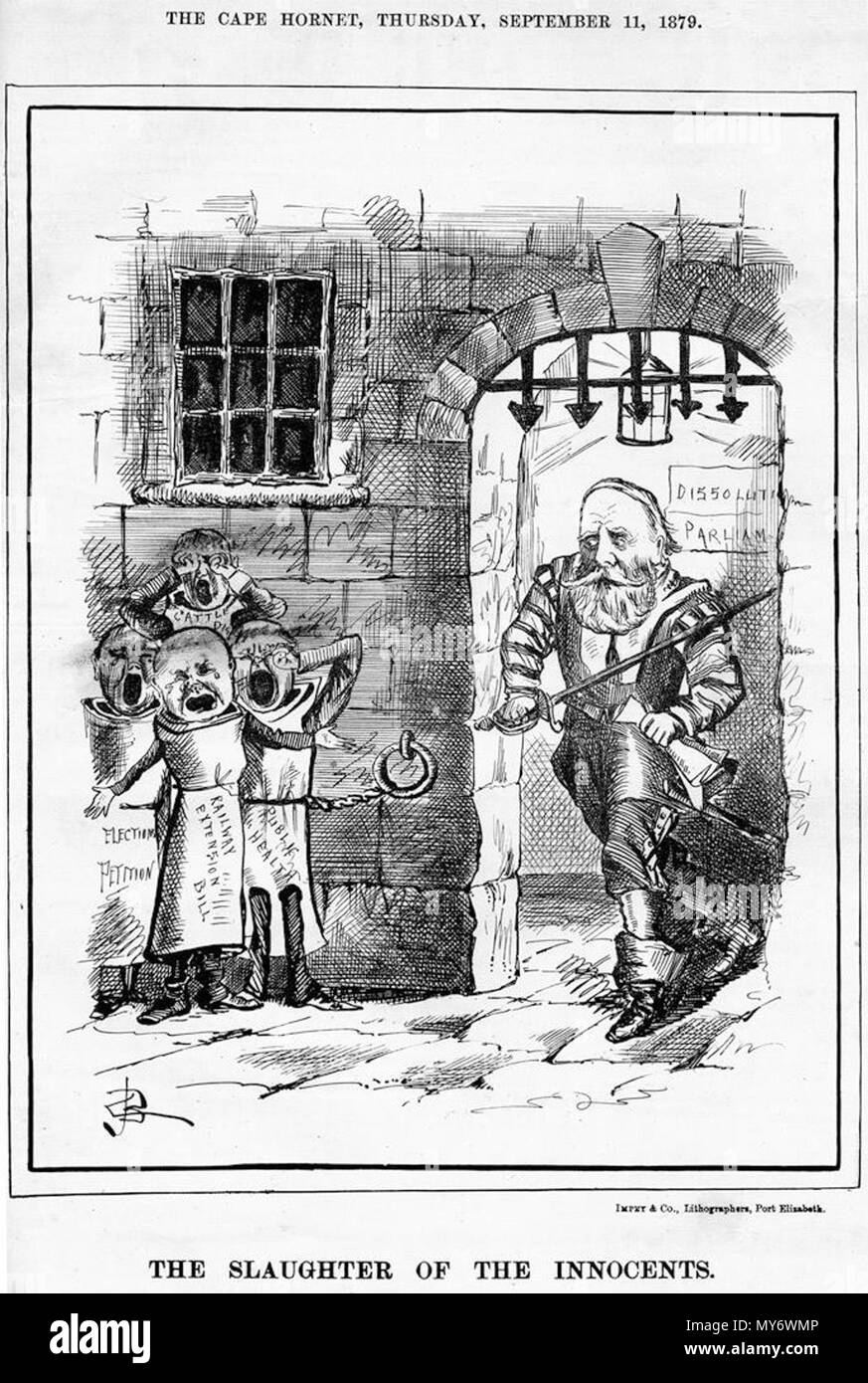 . Anglais : caricature du journal 1879 La Cape Hornet exprimer une critique rare de PM Gordon Sprigg comme il coupe le pays en matière de santé et d'infrastructures à payer pour la Confédération des guerres. 15 novembre 2013, 12:25:15. CJ de coiffure. Cape Hornet. 216 Gordon Sprigg abandonne les projets de santé et d'infrastructure - Cape Hornet 1879 Banque D'Images