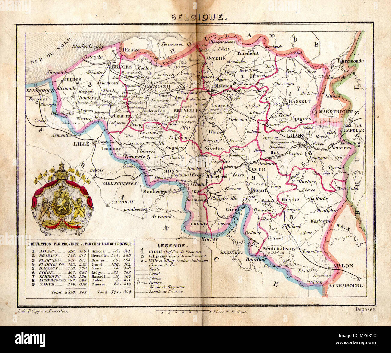 . Anglais : Carte de Belgique, ch. 1850-60 (certainement avant 1870). Frontières avec les Pays-Bas, la France et la Prusse a marqué et population donnée dans le tableau en bas. 15 décembre 2013, 13:35:06. Inconnu. Signé P. Coppens. 69 Belgique c.1850-60 Banque D'Images