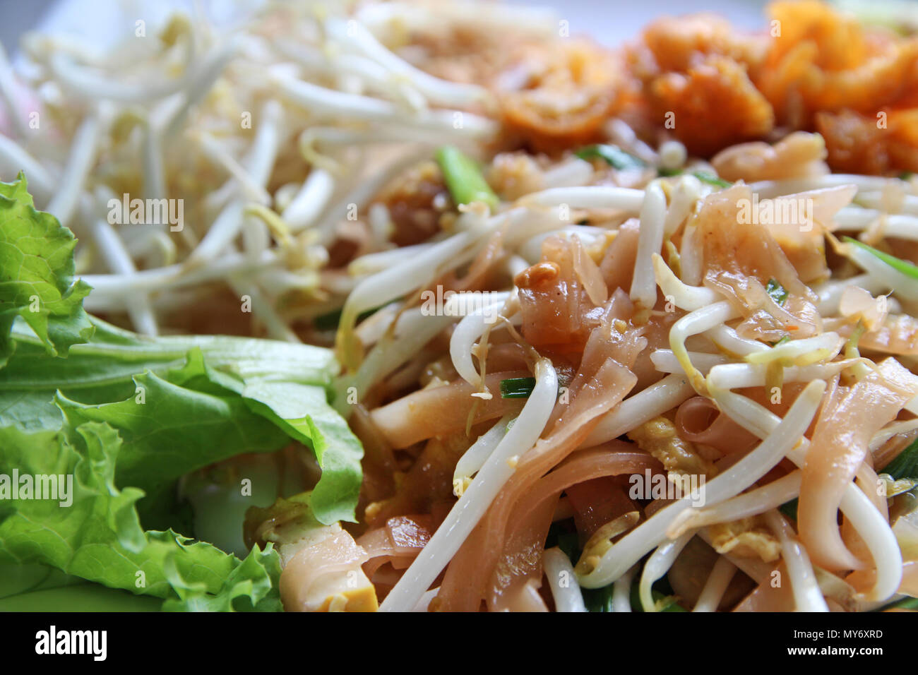 Close-up de la Thaïlande nouilles frites, comme Pad Thaï avec le poulet, fèves germées, de laitue et d'oignons verts Banque D'Images