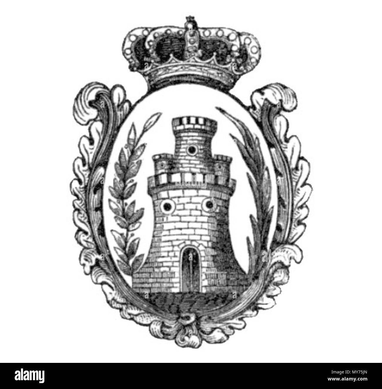 . Español : Escudo de la localidad de Algeciras descrito y publicado en la obra Manual de la provincia de Cádiz de Luis de Igartuburu en 1847. Según esta fuente [1] . 7 avril 2015, 14:48:31. Luis de Igartuburu Lescudo 168 de Algeciras 1847 Banque D'Images