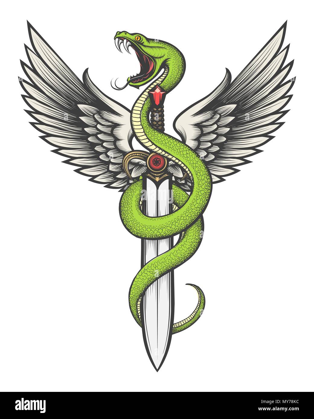 Serpent avec des ailes et épée nue dans un style de tatouage. Vector illustration. Illustration de Vecteur