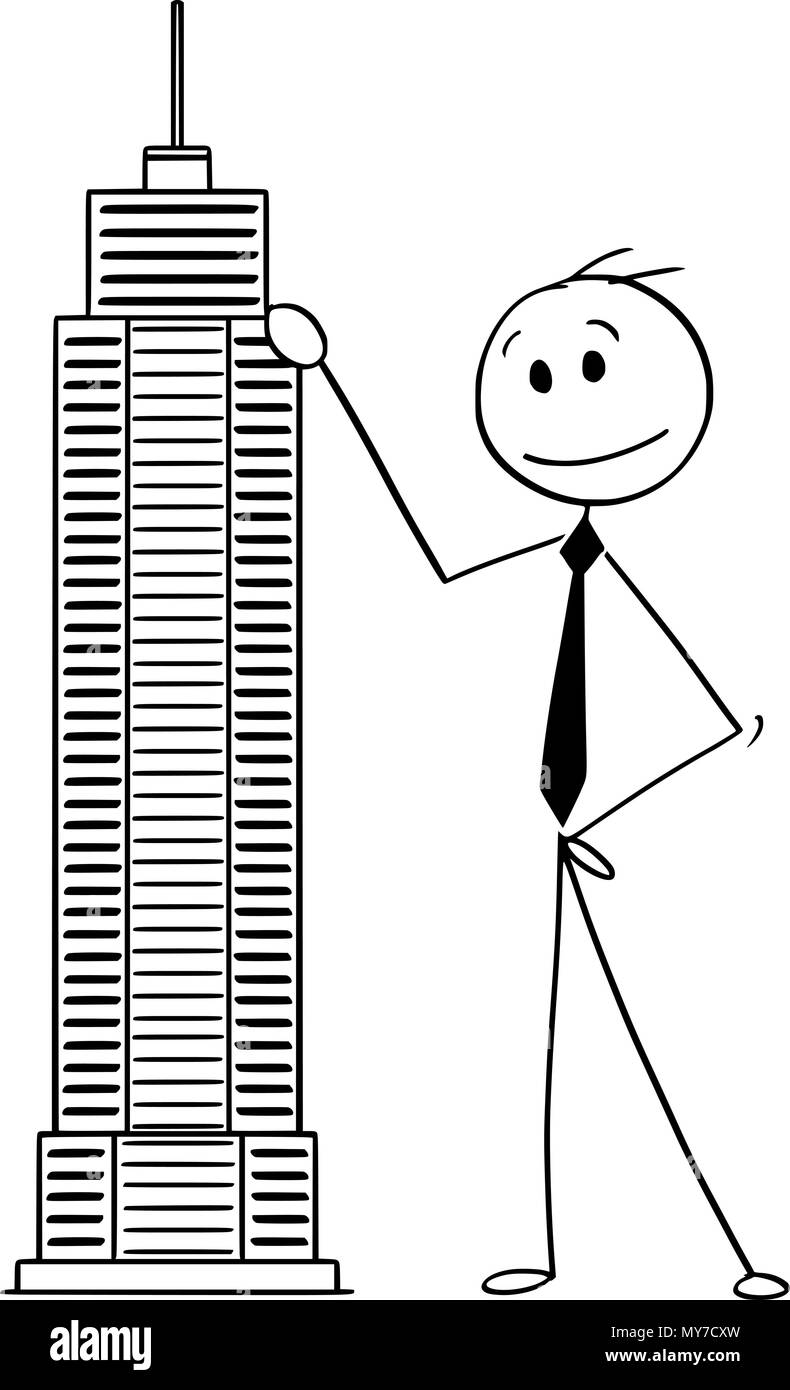 Caricature de l'homme ou businessman standing avec Skyscraper Building Model Illustration de Vecteur