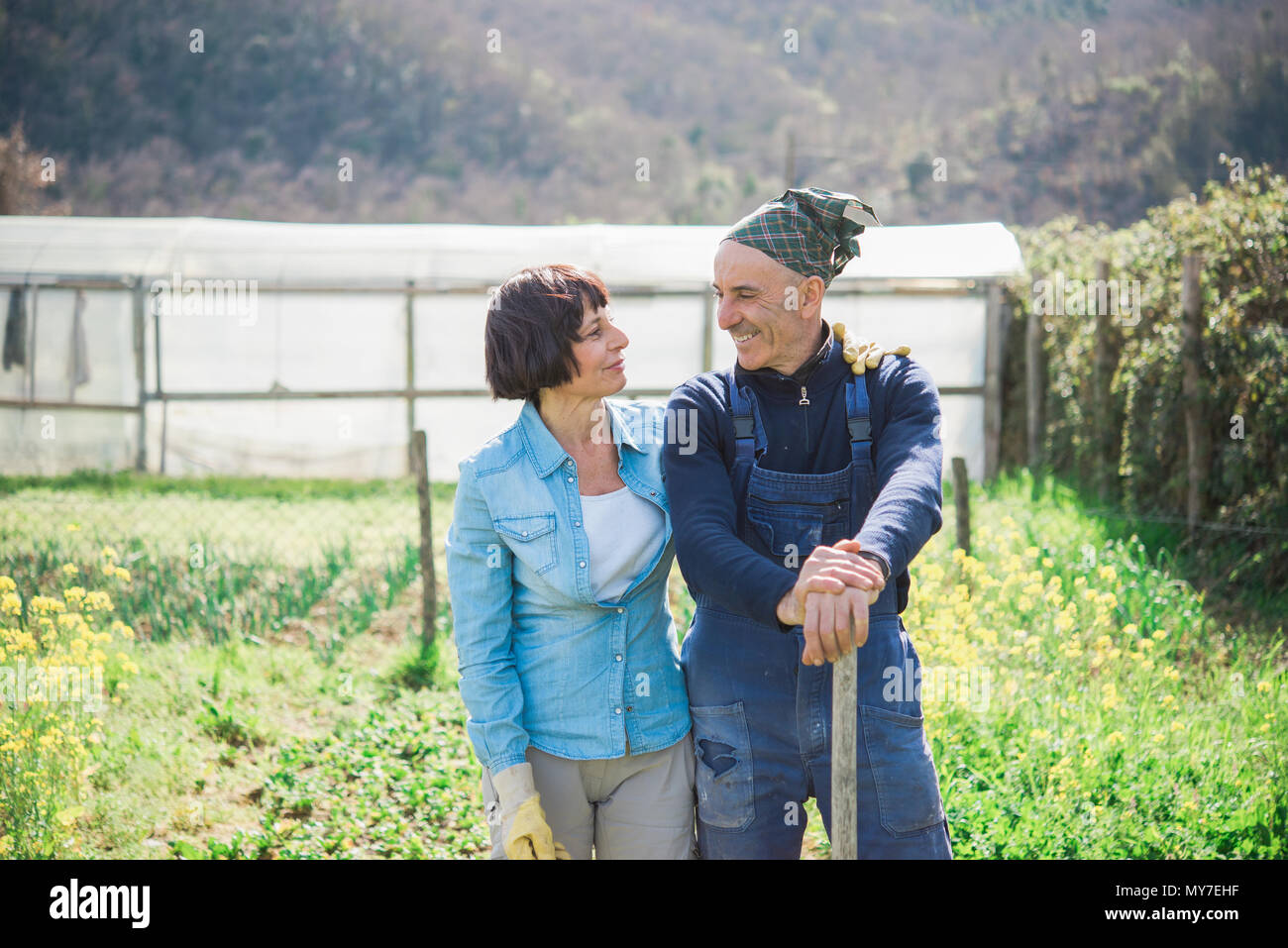 Young couple in vegetable garden Banque D'Images