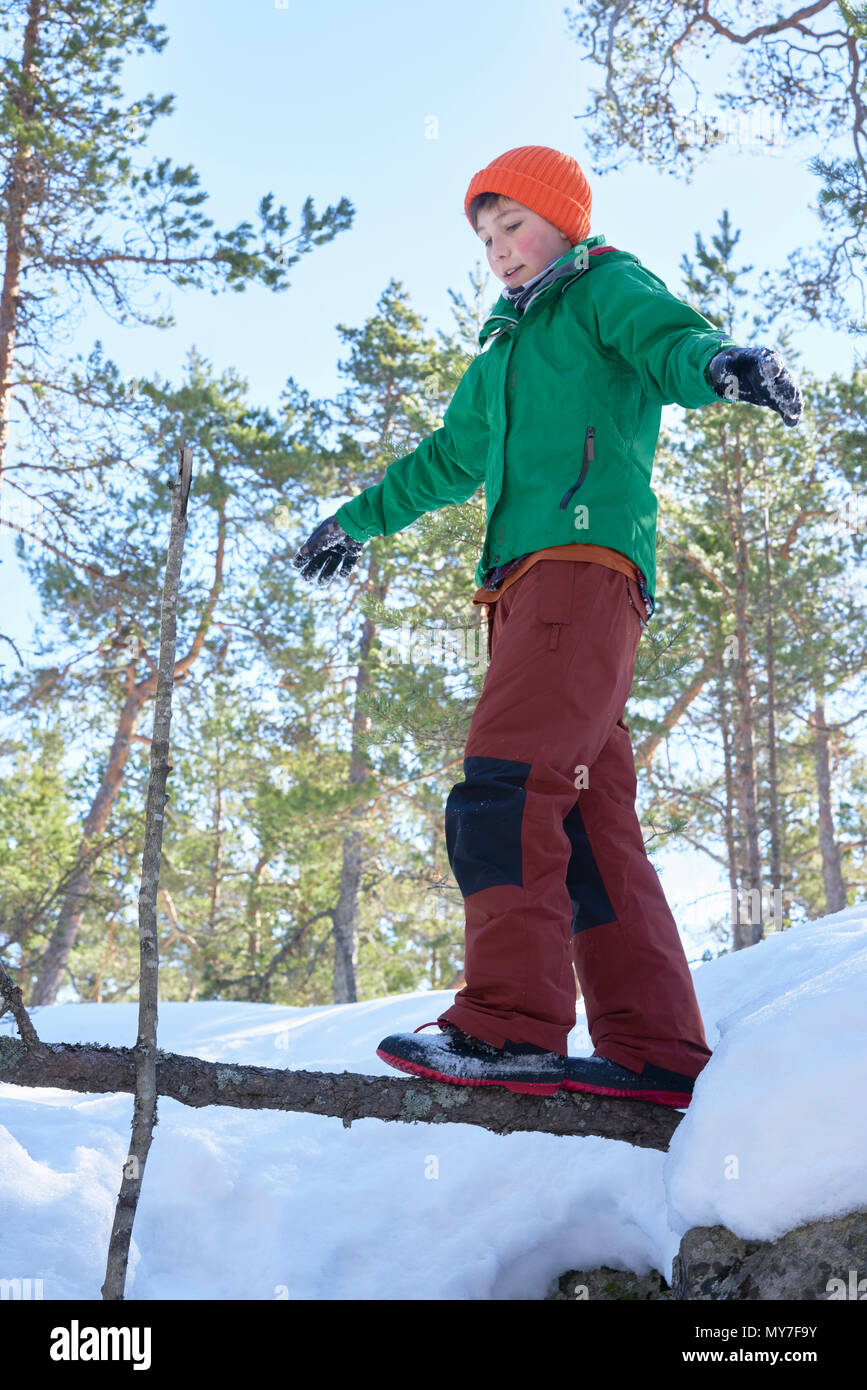 Jeune garçon marchant sur branche d'arbre dans la neige, paysage rural, low angle view Banque D'Images