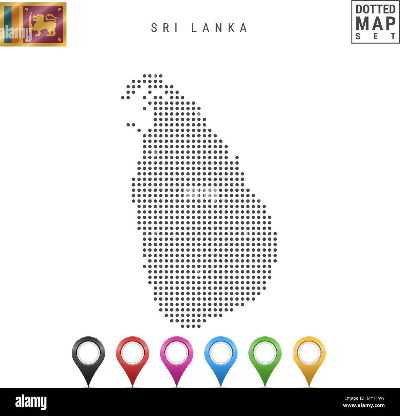 La carte à points vectoriels de Sri Lanka. Silhouette simple de Sri Lanka. Drapeau national du Sri Lanka. Les marqueurs de carte Set multicolore Illustration de Vecteur