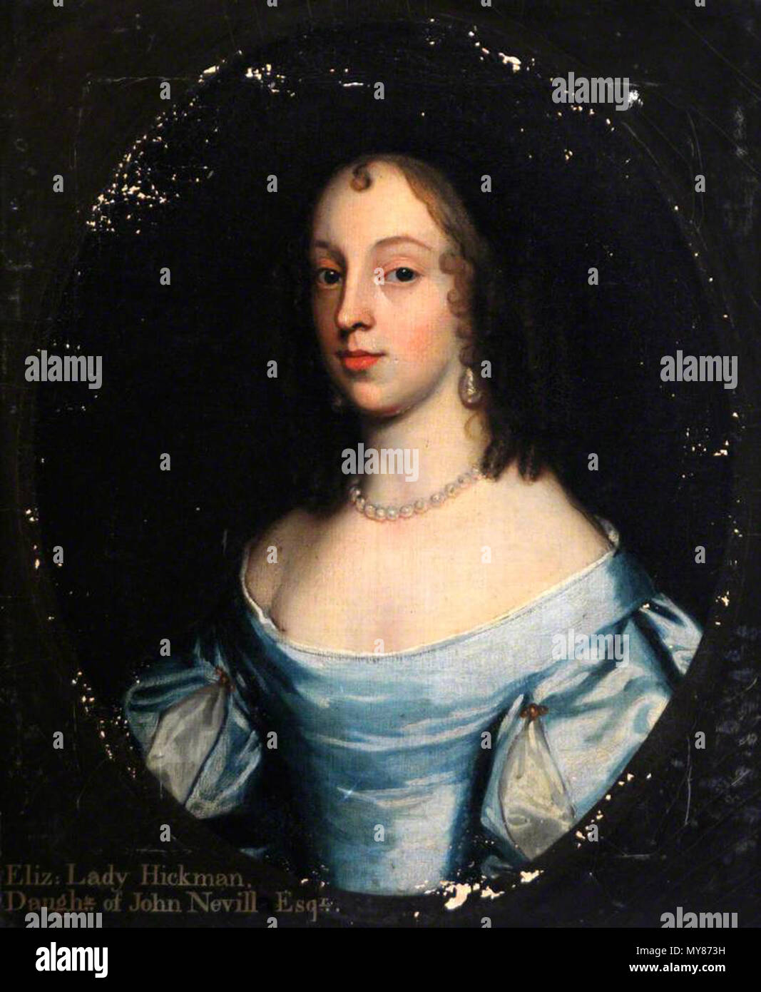 . Elizabeth Hickman (1635-1691), Lady Hickman, fille de John Nevill, Esq. Anglais : Portrait d'Elisabeth, Dame Hickman, le buste-longueur, d'une robe bleue - avec inscription, en ovale peint. . 17e siècle 158 Elizabeth Hickman, Dame Hickman Banque D'Images