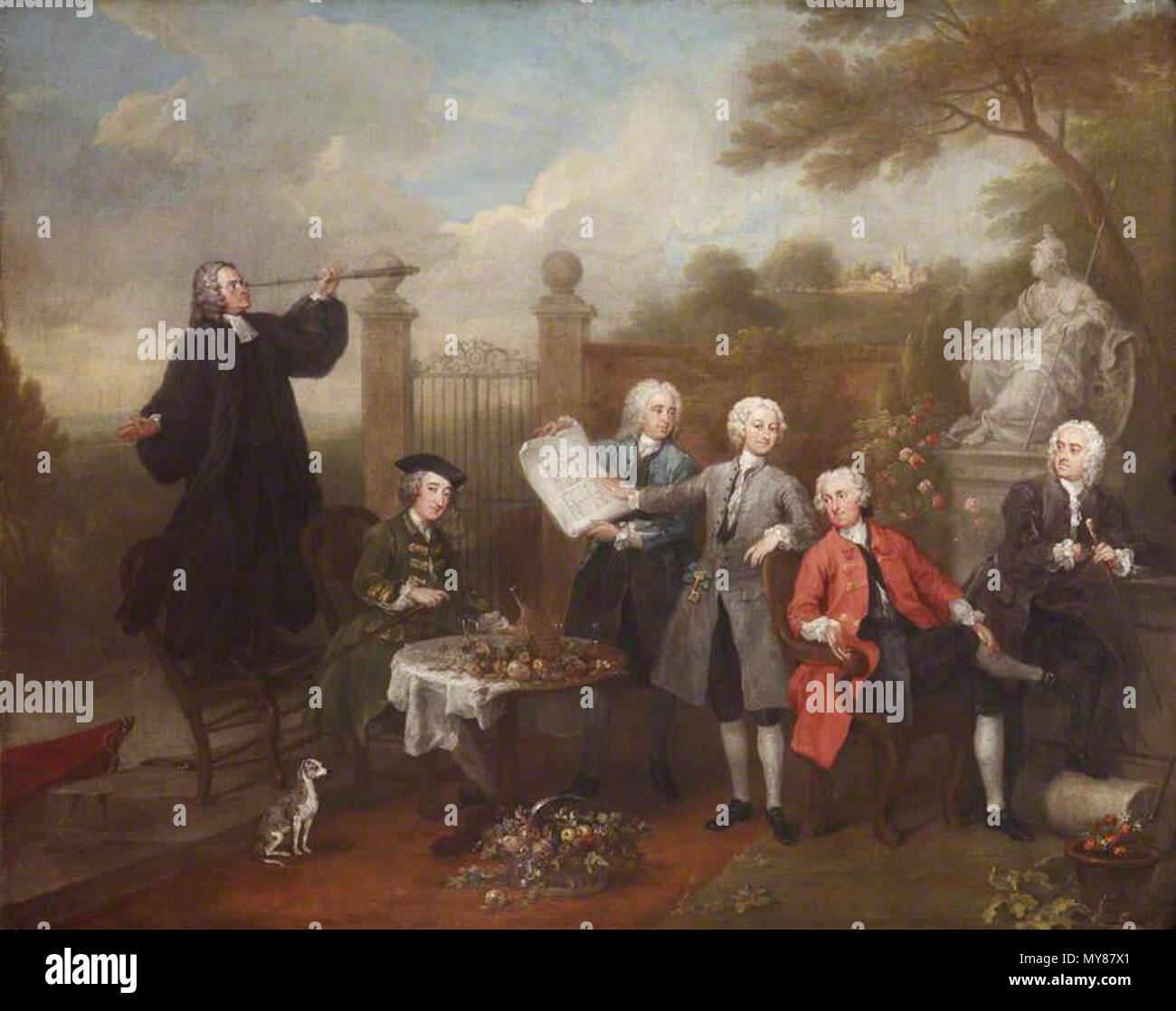 . Anglais : Huile sur toile. 101,6 cm x 127 cm. Groupe de six hommes dans un jardin. Un homme est debout sur une chaise à la recherche au moyen d'un télescope, un homme assis à une table, un homme debout tenant un document avec l'homme derrière lui pointant vers elle, un homme assis à deux chiffres au comité permanent, et une finale de l'homme est appuyé contre un mur. 1738. William Hogarth 520 l'Hervey morceau de conversation Banque D'Images