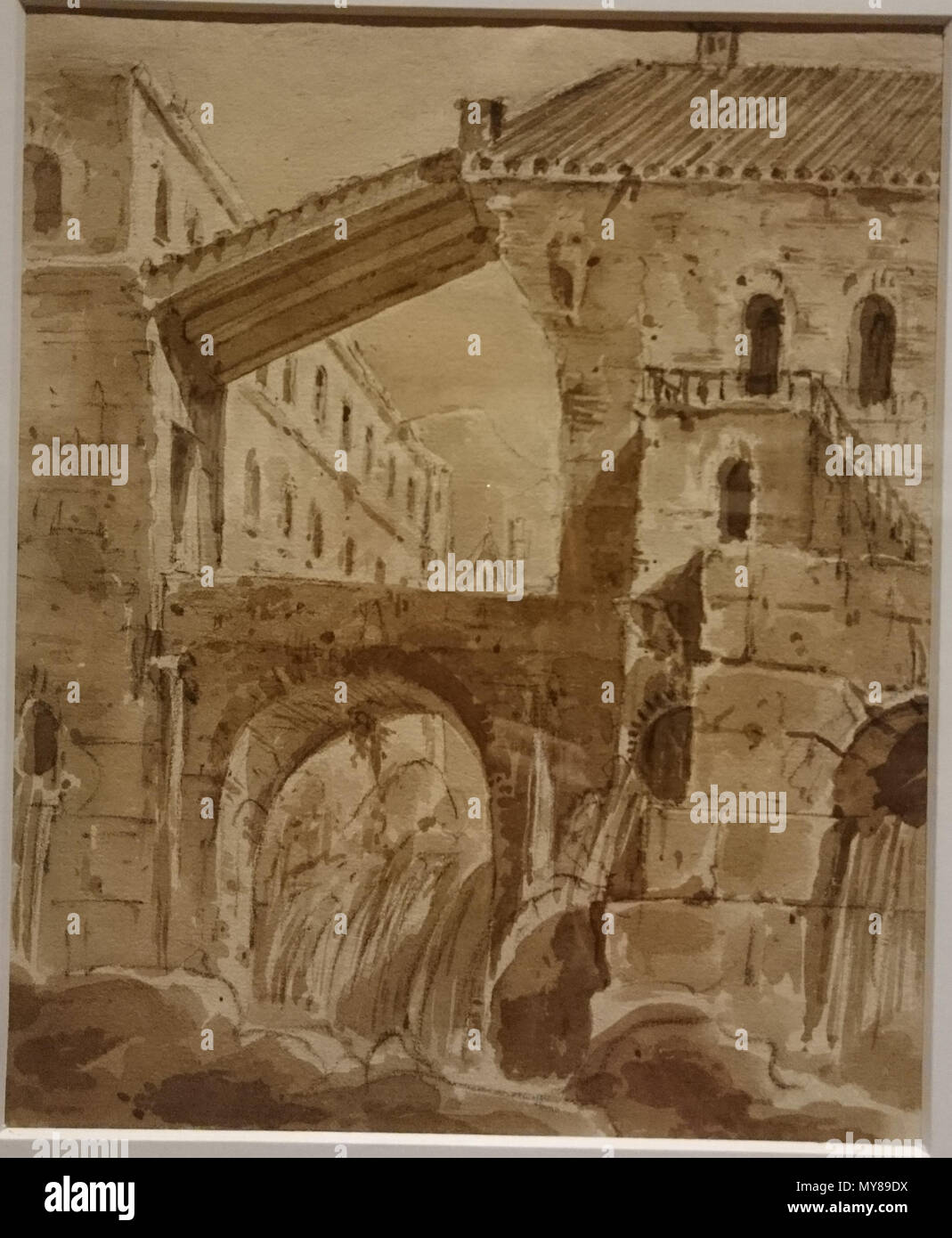 . Anglais : Bâtiments et cascade. Craie noire et aquarelle sur papier brun. Зданий водопадом Группа с. Бумага мел коричневая, чёрный, акварель. Date inconnue ?/. Pietro Gonzaga 559 Waterfall-Gonzaga Banque D'Images