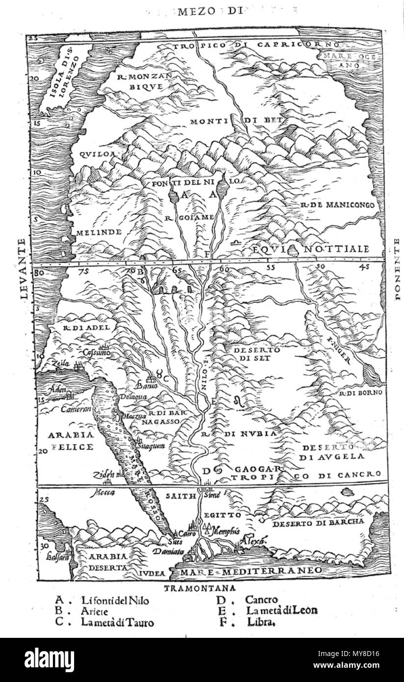 . Anglais : Carte de l'Afrique dans la G.-B. Ramusio's Delle navigationi et Viaggi, volume 1 Español : Mapa de África en el volumen 1 de la obra Delle navigationi et Viaggi de G.B. Ramusio. 1550. Giovanni Battista Ramusio ou Giacomo Gastaldi 41550 Delle navigationi Afrique Ramusio vol1 Banque D'Images