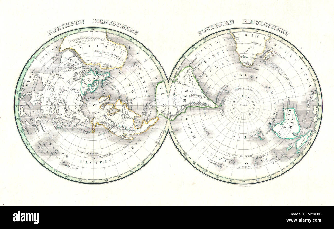 L Hemisphere Nord Hemisphere Sud Anglais Une Rare Et Belle Carte Du Monde Sur Une Projection Dans L Hemisphere Occidental Represente Le Monde Vu Depuis Le Pole Nord Et Le