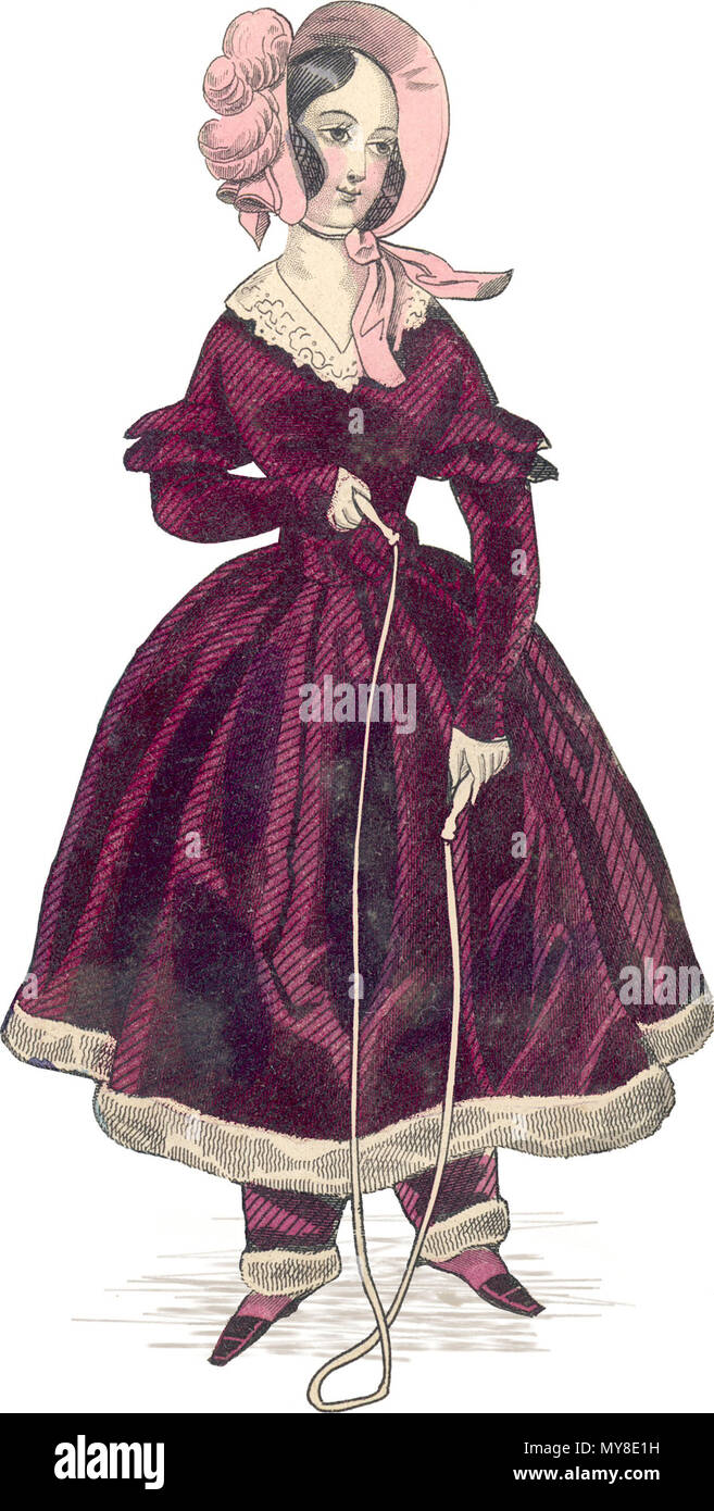 La robe de JEUNE FEMME Redingote de velours cramoisi et pantalons garnie de Sable Sable Note est plus long haired et brun fonce Bonnet rose de