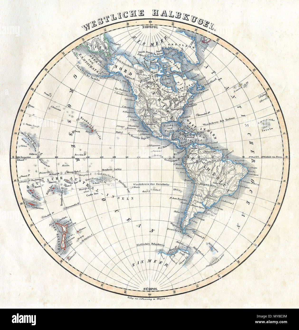 . L'Hémisphère occidental . Anglais : Ce superbe colorié à la main carte montre l'hémisphère occidental, y compris l'Amérique du Nord et en Amérique du Sud. Imprimé en 1844 par bien connu site publisher C. Flemming. Amende ou parfait état. Tout le texte en allemand. . 184461844 Carte Flemming de l'hémisphère ouest ou sud et d'Amérique du Nord - Geographicus - WesternHemi-felmming-1844 Banque D'Images