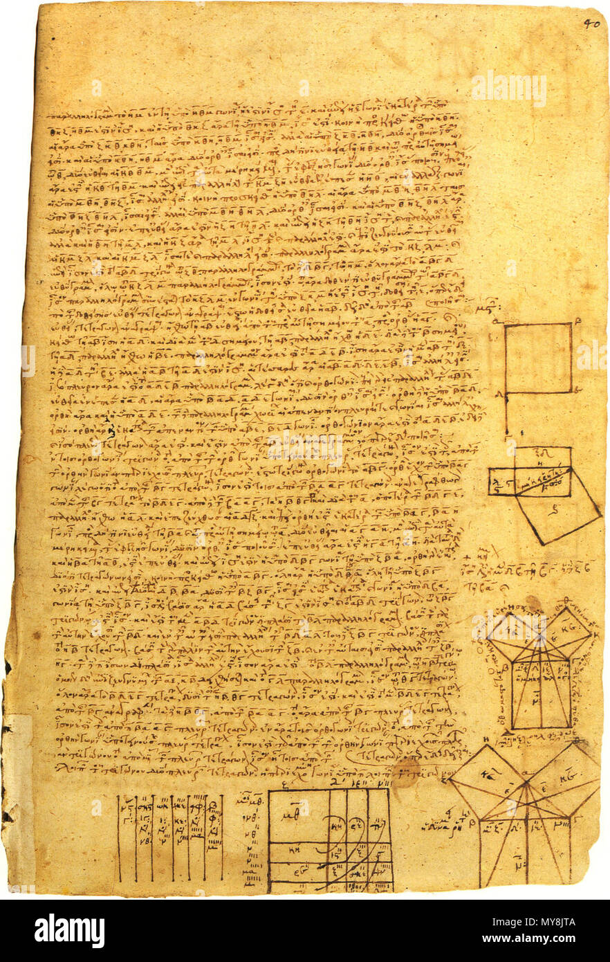 . Anglais : Le Théorème de Pythagore dans un manuscrit médiéval. Biblioteca Apostolica Vaticana, Vaticanus Palatinus graecus 95, fol. 40r. Deutsch : Der Lehrsatz des Pythagore dans der mathematischen byzantinischen Sammelhandschrift Biblioteca Apostolica Vaticana, Vaticanus Palatinus graecus 95, fol. 40r. 13e ou 14e siècle. Inconnu 442 théorème de Pythagore, Vaticanus Graecus 95 Palatinus Banque D'Images