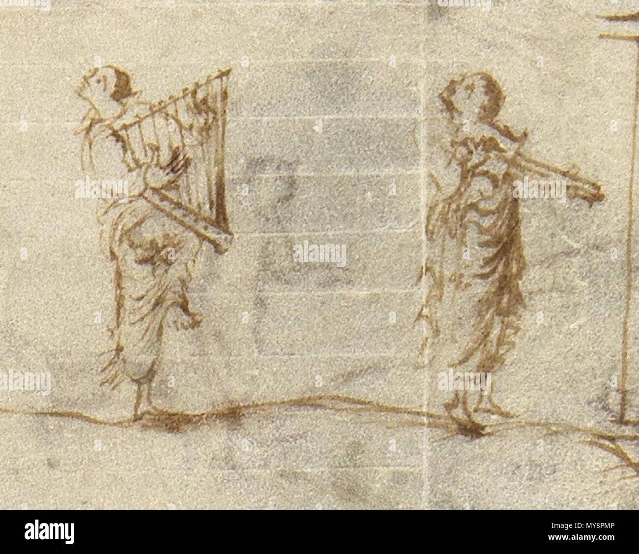 . Anglais : Coupure du Psautier d'Utrecht, montrant un 2 hommes tenant une cythara (à droite), et une harpe, psaltérion ou. Les représentations de l'cytharas dans le Psautier d'Utrecht ont été utilisés comme preuve dans l'Encyclopedia Britannica 1911 que la guitare a été développé à partir de la modification de la cithare-lyre. 1er janvier 850. Psaume 543 Utrechts-Psalter-80 inconnu et harpe cithare Banque D'Images