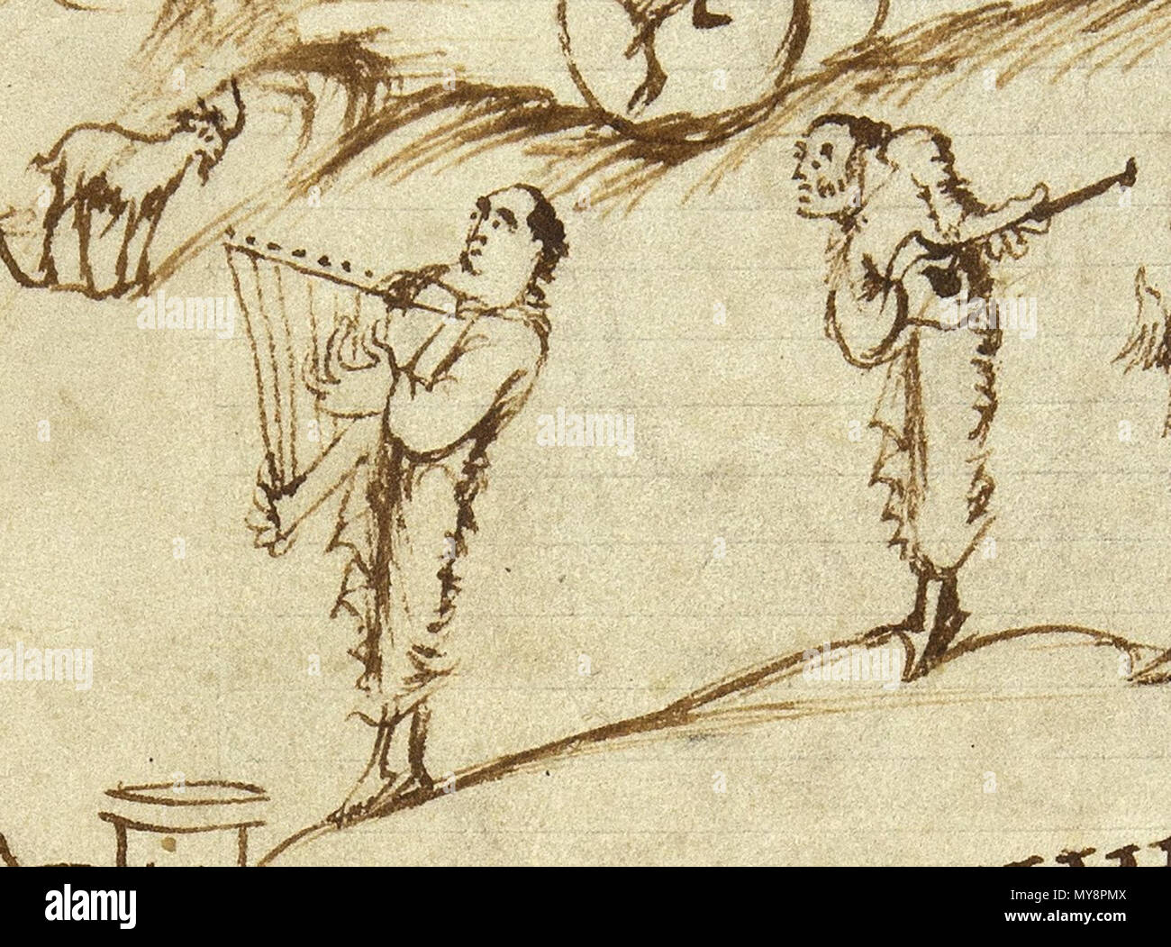 . Anglais : Coupure du Psautier d'Utrecht, montrant un homme tenant une cythara (droite), avec une harpe . Les représentations de l'cytharas dans le Psautier d'Utrecht ont été utilisés comme preuve dans l'Encyclopedia Britannica 1911 que la guitare a été développé à partir de la modification de la cithare-lyre. 27 novembre 2016, 10:12:50. Psaume 543 Utrechts-Psalter-91 inconnu harpe et cythara Banque D'Images