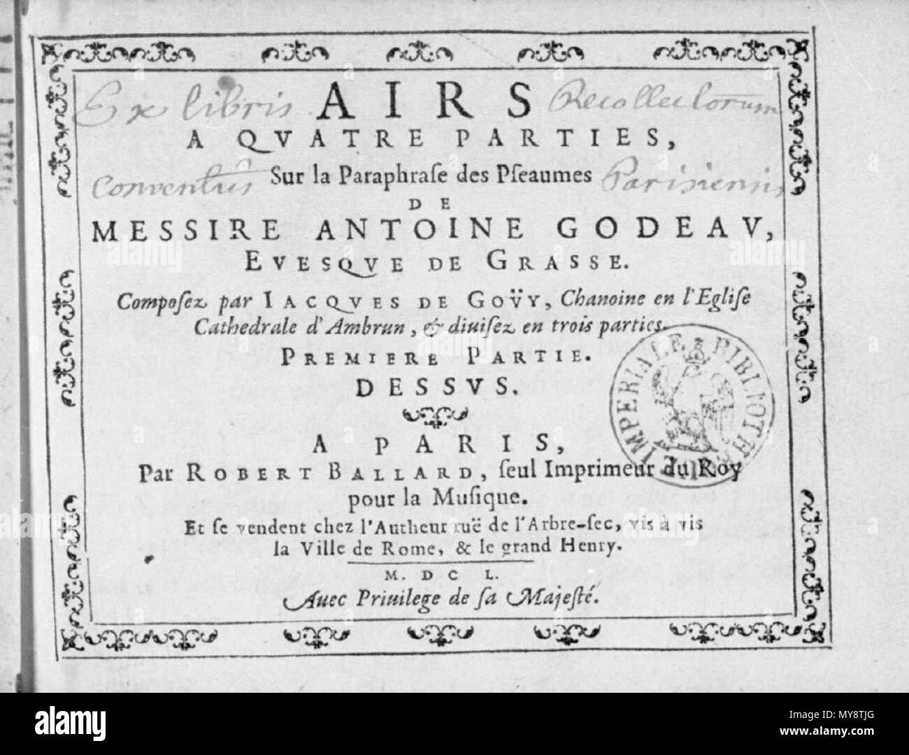 . Anglais : page de titre de Gouy's Sari sur la paraphrase de Godeau (Paris, 1650). 1650. Jacques de Gouy (ch. 1600 ? - C. 1650 ?) 217 Gouy - Airs 1650 Banque D'Images