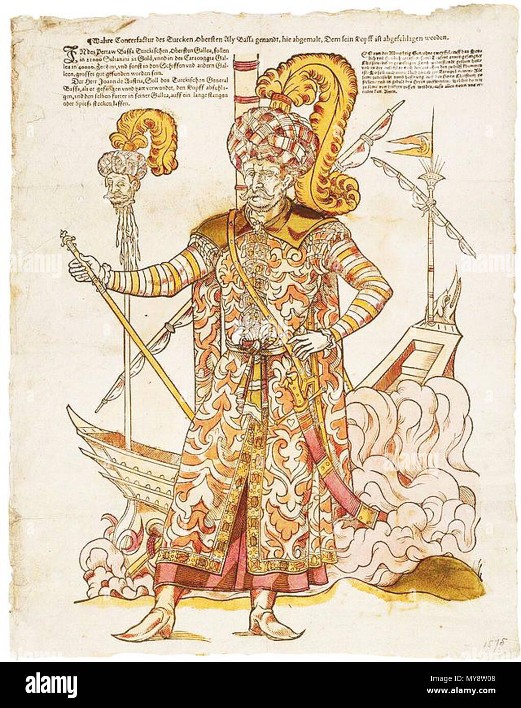 . (Officiellement) Müezzinzade Ali Pacha, le commandant turc à la bataille de Lépante. Grand journal allemand anonyme, c. 1571. Gravure sur bois au pochoir et la coloration à la main sur papier vergé avec typo. Üezzinzade «Ali Pasha est illustré pleine longueur, portant un kaftan de coûteuses, tissés, compris les soies. Ses vêtements exotiques, turban et longue coiffe à plumes indiquent son rang élevé. Bien qu'il est illustré en vie, dans l'arrière-plan est un détail de la tête à l'extrémité d'une perche. Derrière Ali Pacha est le bain turc ottoman (phare) à laquelle il a été blessé et, par la suite décapitée.' . Ce fichier n'est pas auteur informat Banque D'Images