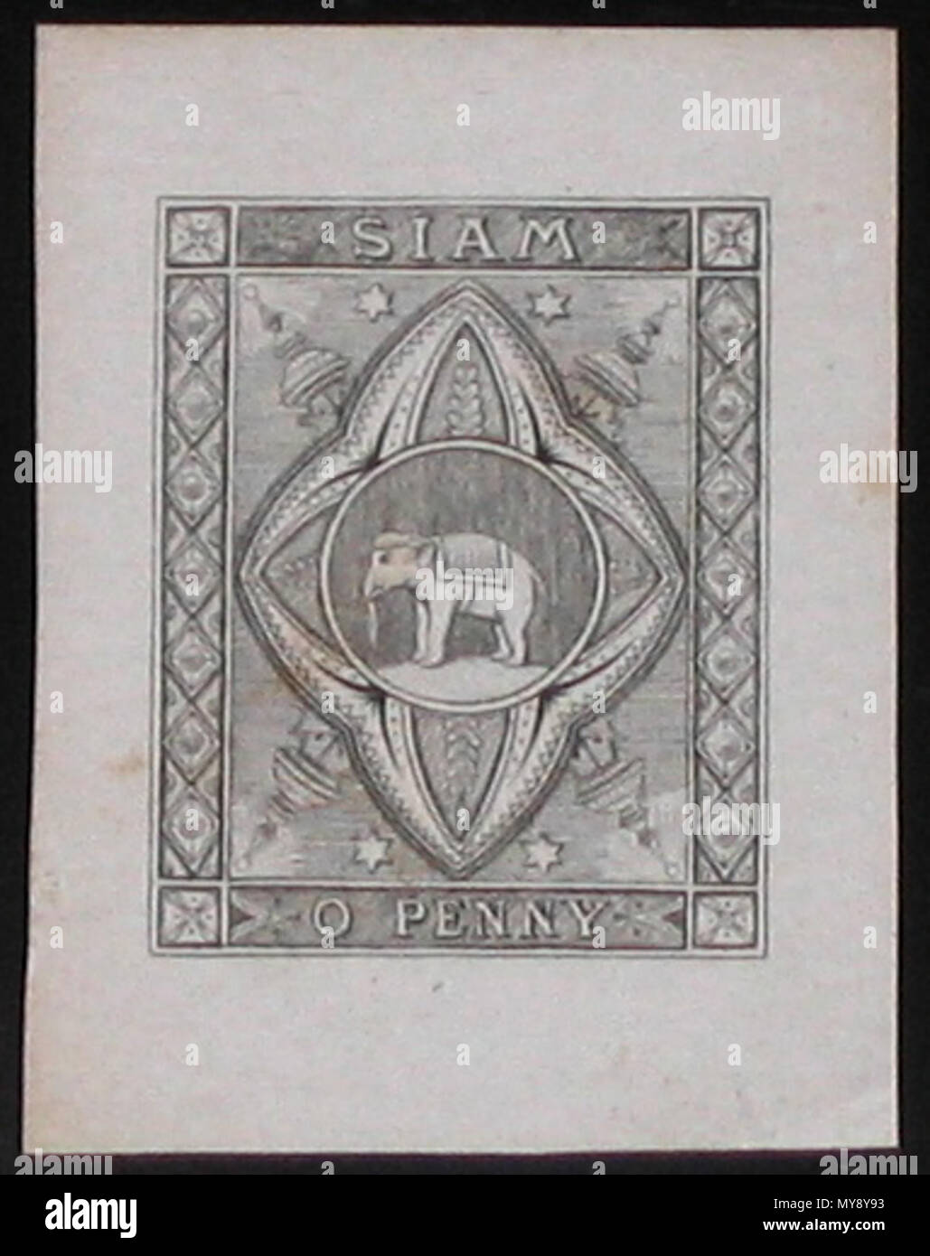 . Premier essai (rejeté) conception de timbres-poste de la Thaïlande (essai d'éléphants). Au début des années 1880. . Lerdsuwa 517 timbres thaïlandais essai Banque D'Images