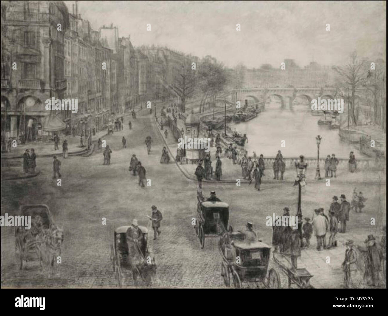 409 Paris, La place de Saint Michel avec le quai des Grands Augustins et le pont Saint Michel au premier plan et le pont neuf et le Louvre un plan de l'arrière Banque D'Images
