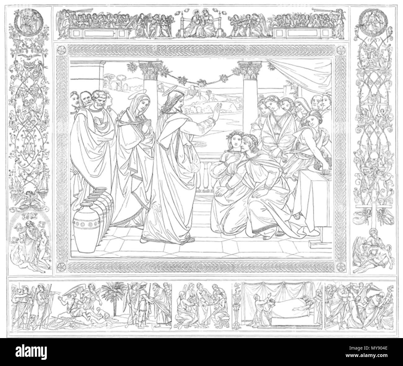 . Deutsch : RDK IV, 777, ABB. 1. Johann Friedrich Overbeck, 1857-62. : Das Sakrament der Ehe 1. Joh. Frdr. Overbeck, Das Sakrament der Ehe. Von Holzschnitt Gaber Août, 29,2 × 34,1 cm. Karton 1857-62. Nach J. F. Overbeck, Die sieben Sakramente, Regensburg o. J.3, Taf. 6. entre 1857 et 1862. Créateur:Gaber Août 1 04-0777-1 Banque D'Images