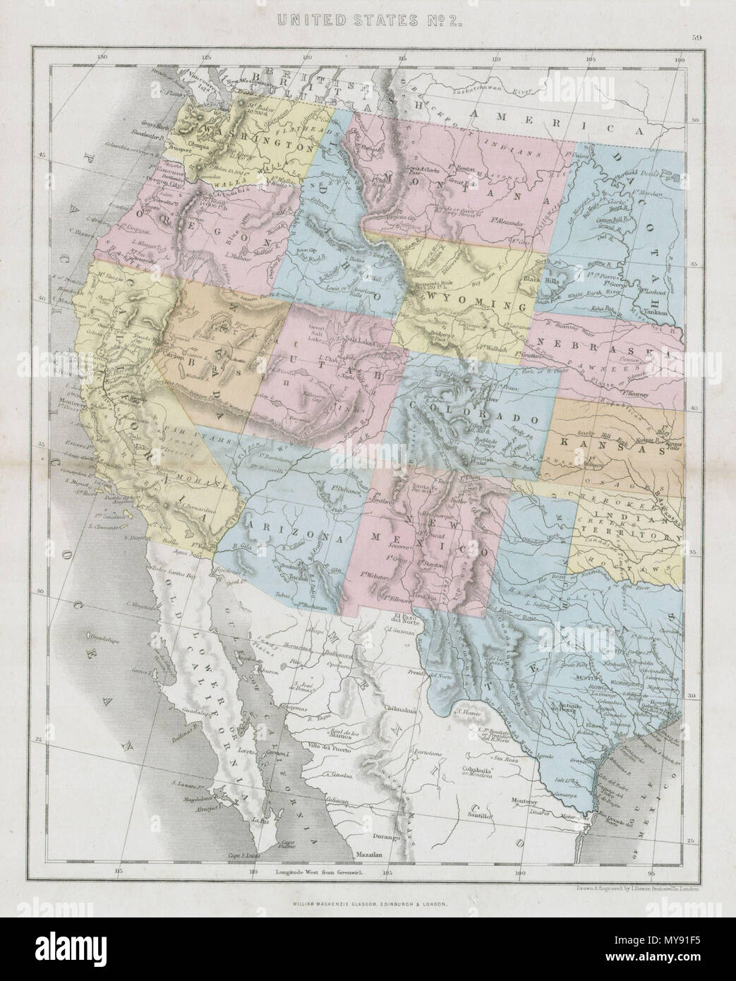 . United States n° 2. Anglais : Cette carte montre colorée à la main la moitié ouest des États-Unis dont le Texas, Arizona, Californie, l'Utah et le Nevada. La carte a été faite en 1864 par le cartographe anglais Mackenzie. Il montre l'Arizona s'étendant dans ce qui est aujourd'hui le sud du Nevada. L'Utah a deux villes importantes, Fillmore et Salt Lake City. Salt Lake City est la capitale. Les Dakotas pas être divisée. . 186481864 Carte Douaire de l'ouest des États-Unis - Geographicus - WesternUSA-951-1860 douaire Banque D'Images