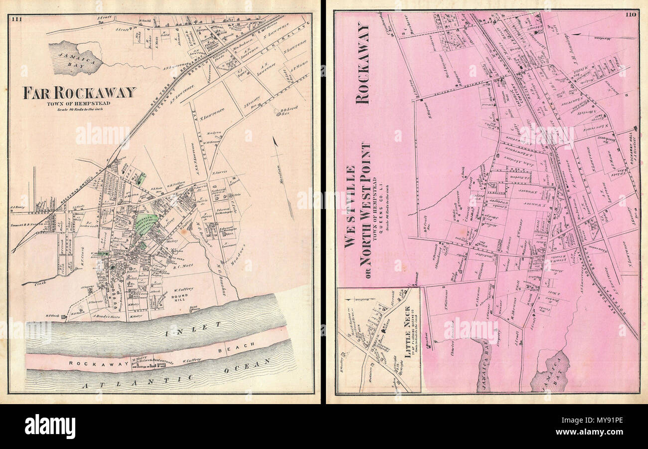 . Far Rockaway, Ville de Hempstead. - Westville ou North West Point, Ville de Hempstead, QUEENS CO. L.I. - Rockaway. Anglais : un rare exemple de Fredrick W. Beers' cartes parties de Far Rockaway, Queens, New York. Publié en 1873. Couvre de Rockaway Beach au nord de Jamaica Bay. Plan de Westville ou North West Point et Rockaway au verso. Détaillées pour le niveau des propriétés individuelles et les bâtiments avec les propriétaires fonciers. C'est probablement le meilleur plan de Far Rockaway atlas, Queens, New York City, d'apparaître dans le 19ème siècle. Préparé par Beers, Comstock & Cline hors de leur bureau au 36 Ve Banque D'Images