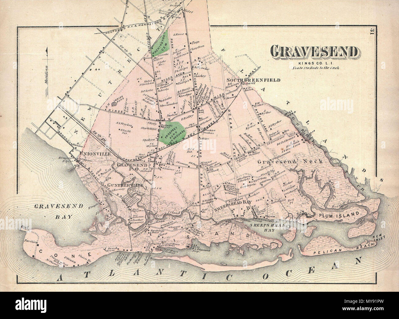 . Gravesend, Kings Co. L.I. Anglais : un rare exemple de Fredrick W. Beers' cartes parties de la région de Gravesend, Brooklyn, New York. Publié en 1873. Comprend les communautés de Unionville, Kansas City, South Greenfield, Gravesend, Sheepshead Bay et Coney Island. Détaillées pour le niveau des propriétés individuelles et les bâtiments avec les propriétaires fonciers. C'est probablement la plus belle carte atlas ces communautés de Brooklyn pour apparaître dans le 19e siècle. Préparé par Beers, Comstock & Cline hors de leur bureau au 36 Vesey Street, New York City, pour inclusion dans le premier atlas publié de longs Islan Banque D'Images