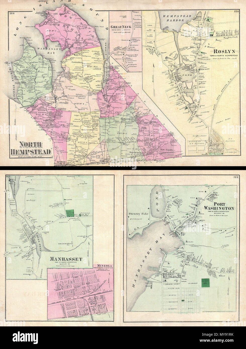 . North Hempstead - Port Washington, ville de North Hempstead, Queens, Co. - Manhaset, Ville de North Hempstead, Queens Co. - Mineola, Ville de North Hempstead, Queens Co. English : un rare exemple de Fredrick W. Beers' plan de North Hempstead, Port Washington et Roslyn, New York. Publié en 1873. Couvre environ de Little Bay et de Great Neck cou vers l'est passé à Manhasset New Cassel. Comprend de grands plans en médaillon des villes de Great Neck et Roslyn. Les plans de ville caractéristiques Verso Port Washington, Manhasset et Mineola. Plus d'immeubles particuliers et propriétés avec terre encen Banque D'Images