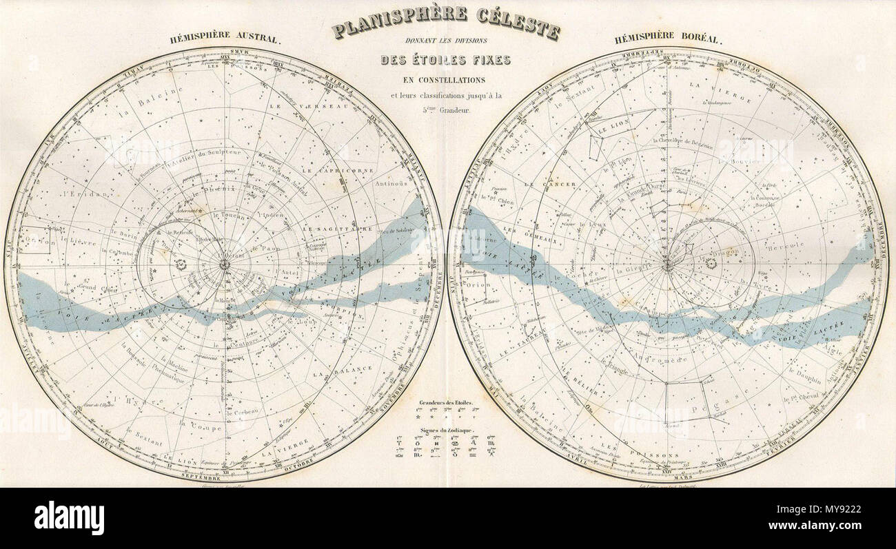 . Planisphère Céleste donnant les Divisions des étoiles fixes en constellations et leurs classifications jusqua'à la 5ème Grandeur. Anglais : Cette couleur main carte céleste des étoiles et constellations est une plaque en acier, gravure datant de 1878 par le cartographe français bien considérés Migeon. Cette carte illustre les ciels nocturnes des deux hémisphères nord et sud. La Géographie universelle Migeon, publié à Paris, est un des derniers atlas fine produite au 19e siècle. Il contient de nombreux éléments stylistiques du début du xixe siècle la cartographie comme main pleine couleur, de nombreux Banque D'Images