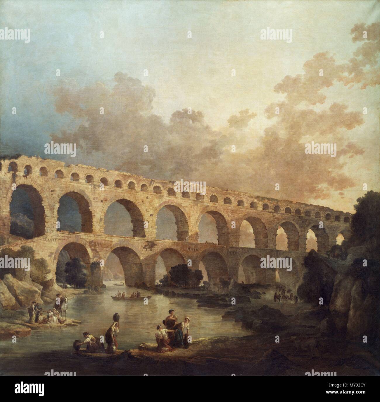 Le Pont du Gard, Nîmes - 1786 - 242x242 cm - Huile sur toile. Auteur : Hubert Robert (1733-1808). Lieu : MUSÉE DU LOUVRE-peintures. Également connu sous le nom de : EL Puente de GARD, LE PONT DU GARD. Banque D'Images