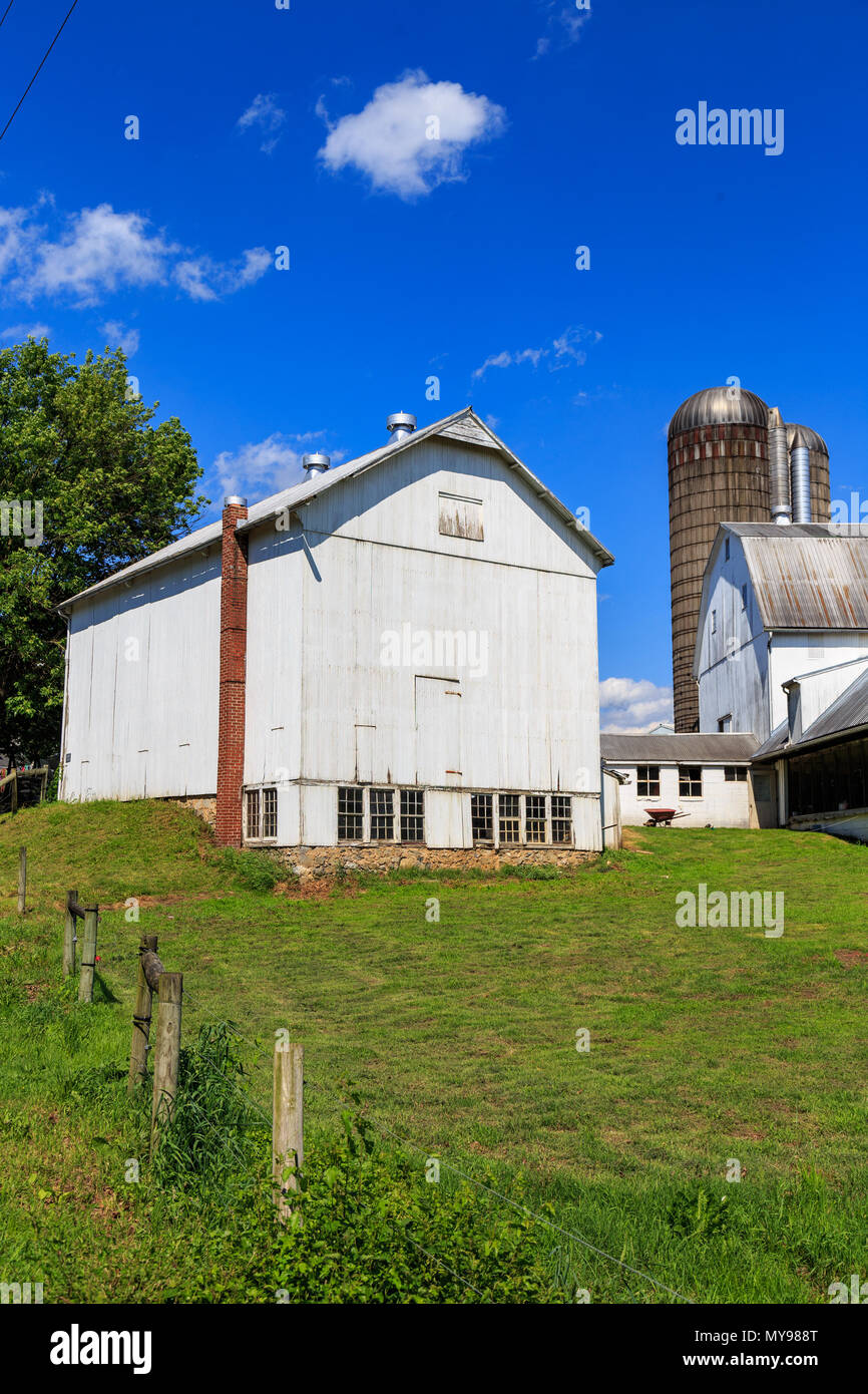 Leola, PA, USA - 5 juin 2018 : une grange blanche et d'autres bâtiments agricoles sur une ferme rurale typique dans le comté de Lancaster, PA. Banque D'Images