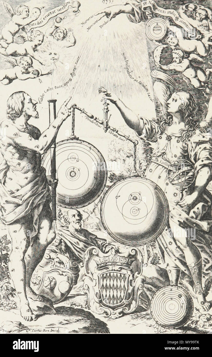 . Anglais : Frontispice de Riccioli's 1651 Nouveau l'Almageste. Des figures mythologiques observer le ciel avec un télescope et peser la théorie héliocentrique de Copernic dans un équilibre contre sa version modifiée de Tycho Brahe's geo-système héliocentrique, dans lequel le soleil, la Lune, Jupiter et Saturne en orbite autour de la terre tandis que Mercure, Vénus, et l'orbite de Mars le Soleil. L'ancienne théorie géocentrique de Ptolémée est éliminé sur le terrain, rendues obsolètes par les découvertes du télescope. Ces sont illustrées en haut et : phases de Vénus et de mercure et d'une fonctionnalité de surface sur Mars (à gauche), lunes de Jupiter, les anneaux de Sa Banque D'Images